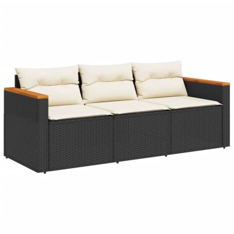 vidaXL Divano da Giardino a 3 Posti con Cuscini Nero in Polyrattan