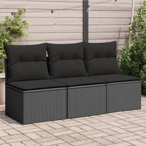 vidaXL Divano da giardino con cuscini 3 posti nero in polyrattan
