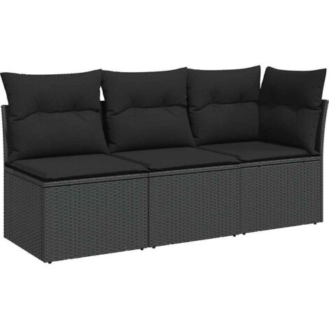 vidaXL Divano da giardino con cuscini 3 posti nero in polyrattan