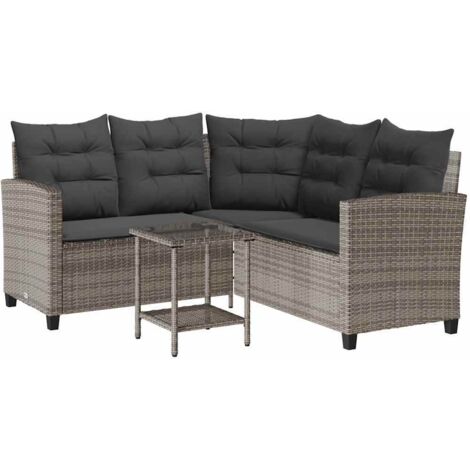 vidaXL Divano da Giardino con Tavolo e Cuscini a L Grigio Polyrattan