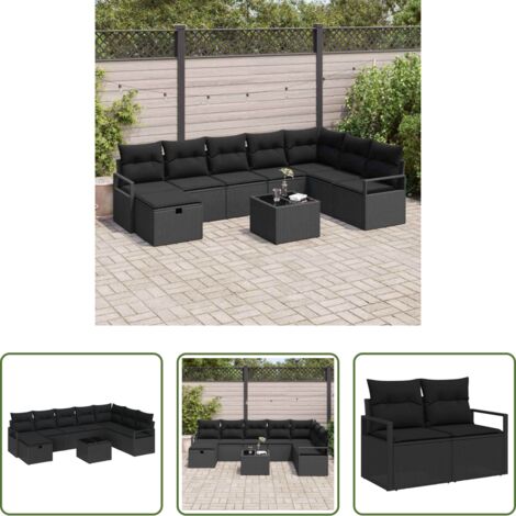 vidaXL Divano da giardino -  Set di divani con cuscino 9 pcs Nero polyrattan