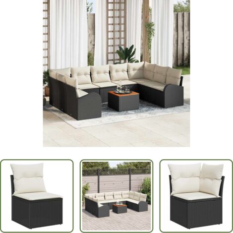 vidaXL Divano da terrazza -  Set Divano da Giardino 10 pcs Nero e Crema polyrattan