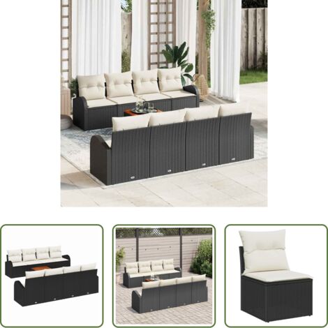 vidaXL Divano da terrazza -  Set Divano da Giardino 9 pcs Nero e Crema polyrattan