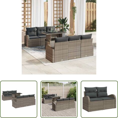 vidaXL Divano esterno -  Set Divano da Giardino con cuscino 7 pcs Grigio Poly Rattan