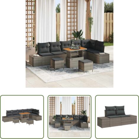 vidaXL Divano esterno -  Set Divano da Giardino con cuscino 9 pcs Grigio Poly Rattan