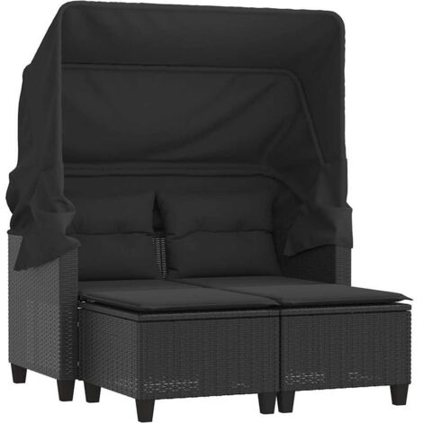 vidaXL Divano Giardino 2 Posti Baldacchino e Sgabelli Nero Polyrattan