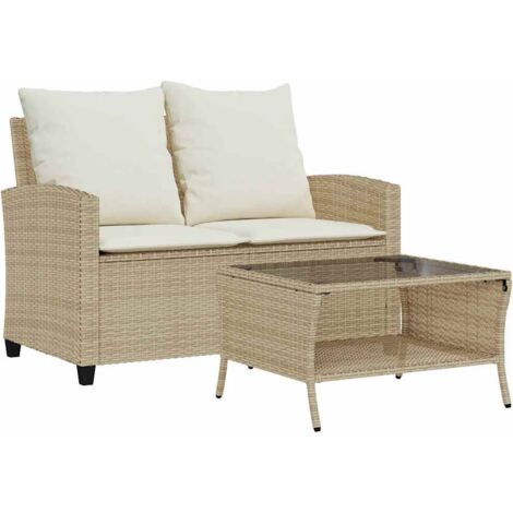 vidaXL Divano Giardino 2 Posti con Cuscini e Tavolo Beige Polyrattan