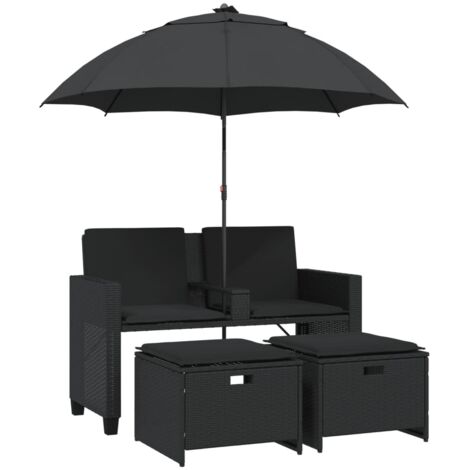 vidaXL Divano Giardino 2 Posti Ombrellone e Sgabelli Nero Polyrattan