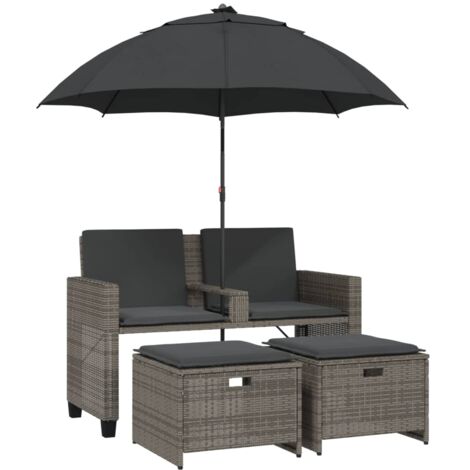 vidaXL Divano Giardino 2Posti Ombrellone e Sgabelli Grigio Polyrattan