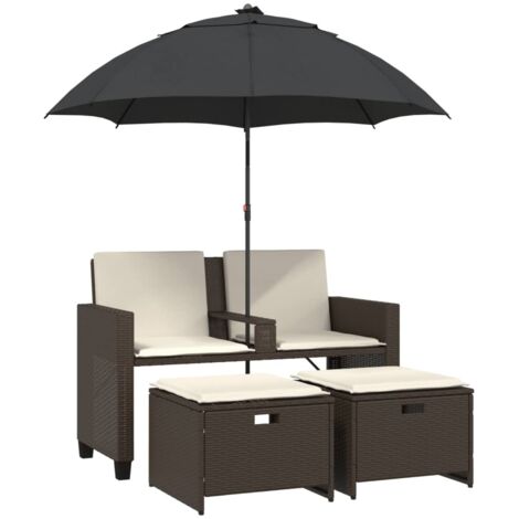 vidaXL Divano Giardino 2Posti Ombrellone e Sgabelli Marrone Polyrattan