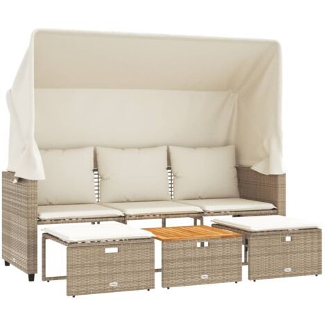 vidaXL Divano Giardino 3 Posti Baldacchino e Sgabelli Beige Polyrattan