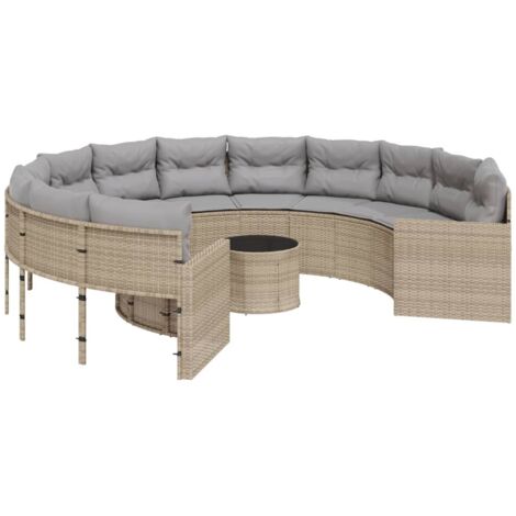 vidaXL Divano Giardino con Tavolo e Cuscini Circolare Beige Polyrattan