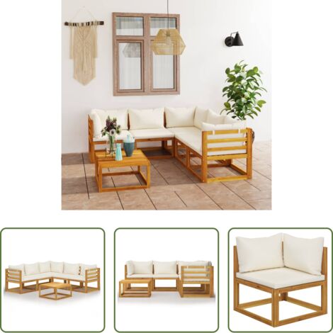vidaXL Divano in acacia - Set Divani da Giardino 6 pz con Cuscini Crema Massello Acacia