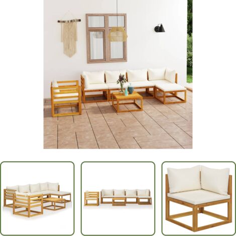 vidaXL Divano in acacia - Set Divani da Giardino 7 pz con Cuscini Crema Massello Acacia