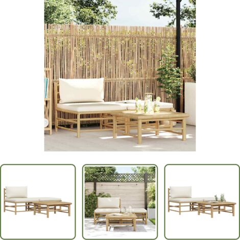 vidaXL Divano in bambù -  Set Divani da Giardino 3 pz con Cuscini Bianco Crema in Bambù