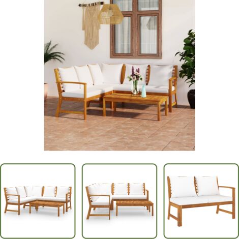 vidaXL Divano in legno acacia -  Set Divani da Giardino 4 pz con Cuscini Crema in Legno Acacia