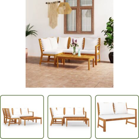 vidaXL Divano in legno acacia -  Set Divani da Giardino 4 pz con Cuscini Crema in Legno Acacia