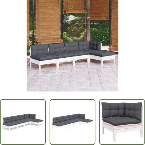 vidaXL Divano in legno -  Set Divani da Giardino 5 pz con Cuscini Bianchi Legno di Pino