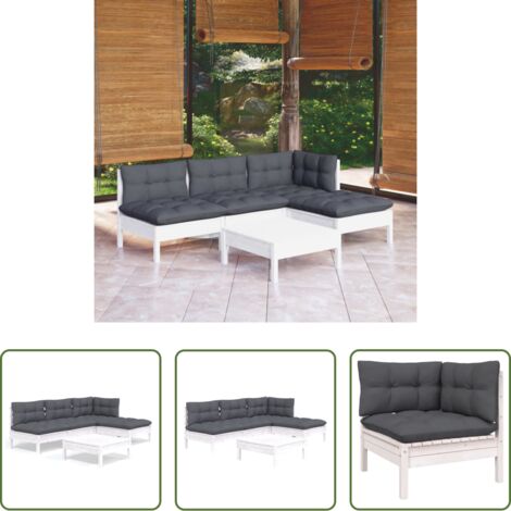 vidaXL Divano in legno -  Set Divani da Giardino 5 pz con Cuscini Bianchi Legno di Pino