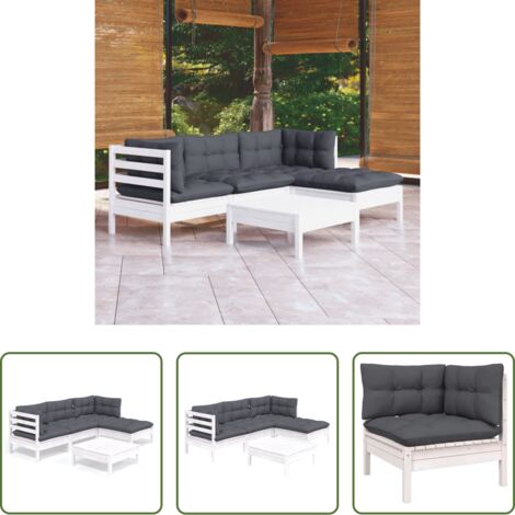vidaXL Divano in legno -  Set Divani da Giardino 5 pz con Cuscini Bianchi Legno di Pino