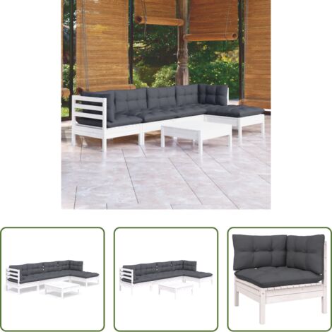 vidaXL Divano in legno -  Set Divani da Giardino 6 pz con Cuscini Bianchi Legno di Pino