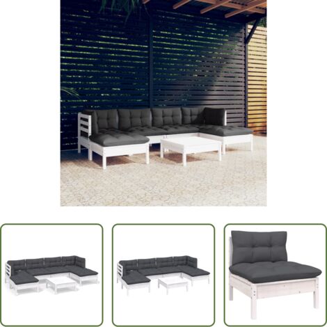 vidaXL Divano in legno -  Set Divani da Giardino 7 pz con Cuscini Bianchi Legno di Pino