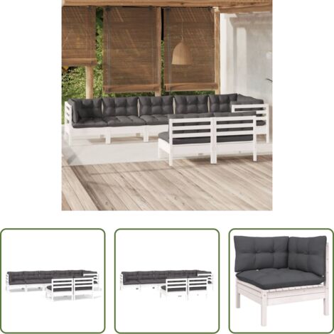 vidaXL Divano in legno -  Set Divani da Giardino 8 pz con Cuscini Bianchi Legno di Pino