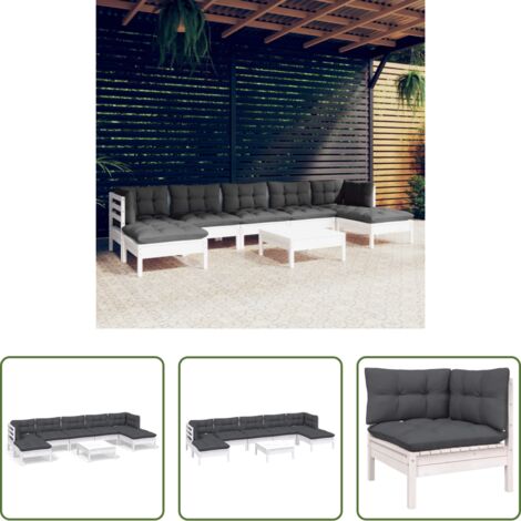 vidaXL Divano in legno -  Set Divani da Giardino 8 pz con Cuscini Bianchi Legno di Pino