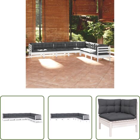 vidaXL Divano in legno -  Set Divani da Giardino 8 pz con Cuscini Bianchi Legno di Pino