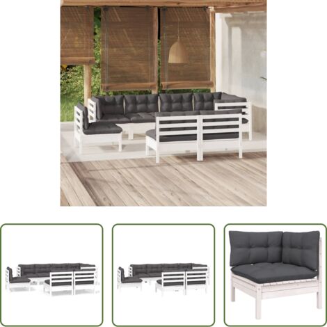 vidaXL Divano in legno -  Set Divani da Giardino 8 pz con Cuscini Bianchi Legno di Pino