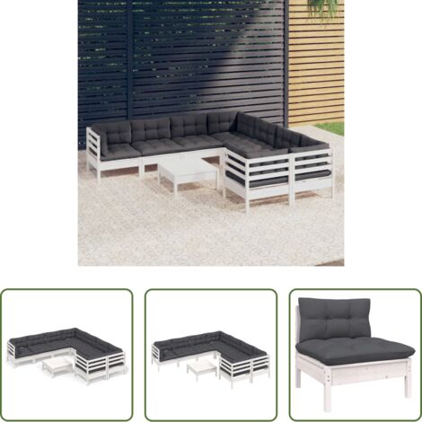 vidaXL Divano in legno -  Set Divani da Giardino 9 pz con Cuscini Bianchi in Legno Pino