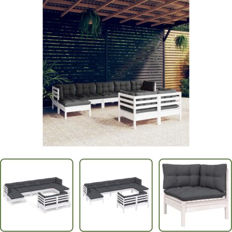 vidaXL Divano in legno -  Set Divani da Giardino 9 pz con Cuscini Bianchi Legno di Pino