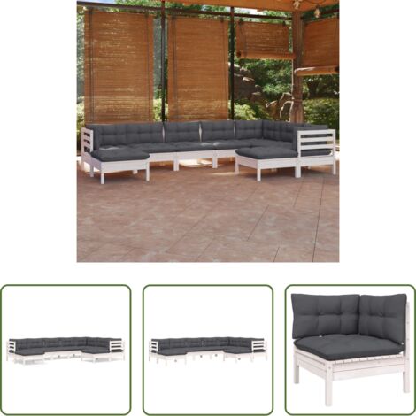 vidaXL Divano in legno -  Set Divani da Giardino 9 pz con Cuscini Bianchi Legno di Pino