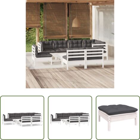 vidaXL Divano in legno -  Set Divani da Giardino 9 pz con Cuscini Bianchi Legno di Pino