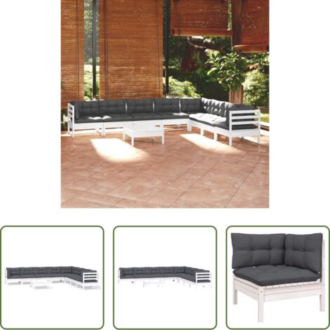 vidaXL Divano in legno -  Set Divani da Giardino 9 pz con Cuscini Bianchi Legno di Pino