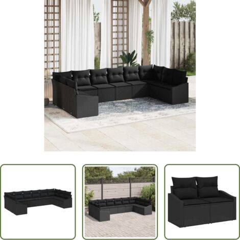 vidaXL Divano in polyrattan -  Set di divani con cuscino 10 pcs Nero polyrattan