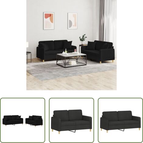 vidaXL Divano in tessuto -  Set Divani 2 pz con Cuscini Nero in Tessuto