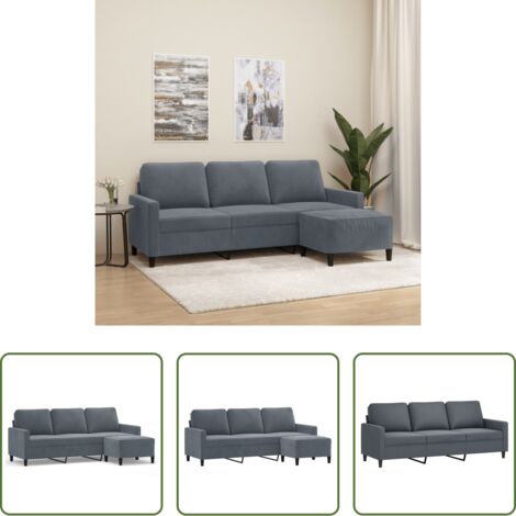 vidaXL Divano in velluto -  Divano a 3 Posti con Poggiapiedi Grigio Scuro 180 cm in Velluto