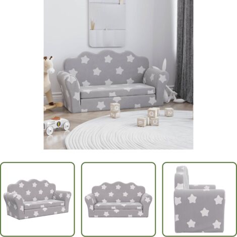 vidaXL Divano letto peluche -  Divano Letto Bambini a 2 Posti Grigio Chiaro con Stelle Peluche