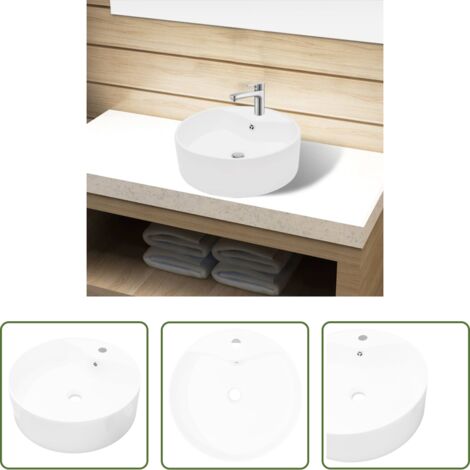 vidaXL Drenaje - Lavabo de cerámica con agujero para grifo/desagüe blanco redondo