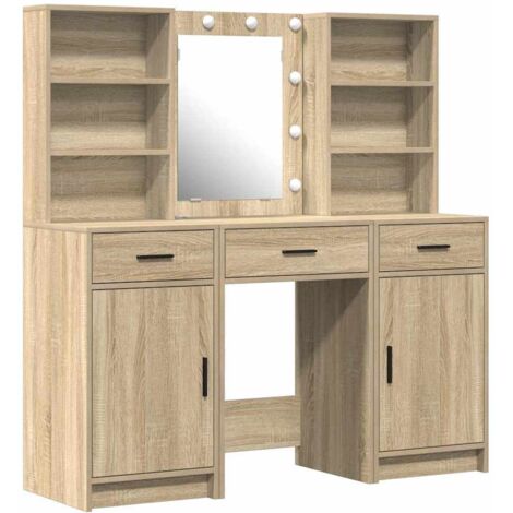 vidaXL Dressing Table Set with LED 3 pcs Sonoma Oak Engineered Wood