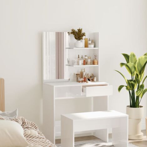 Vidaxl – Coiffeuse avec miroir blanc brillant 74,5x40x141 cm – Bois d'ingénierie résistant à l'humidité – Grand espace de rangement