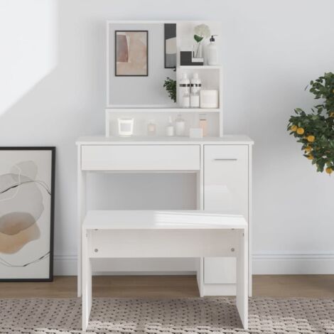 vidaXL Dressing Table with Mirror High Gloss White 86,5x35x136 cm