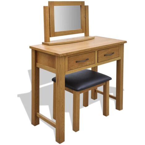 vidaXL Dressing Table with Stool Solid Oak Wood