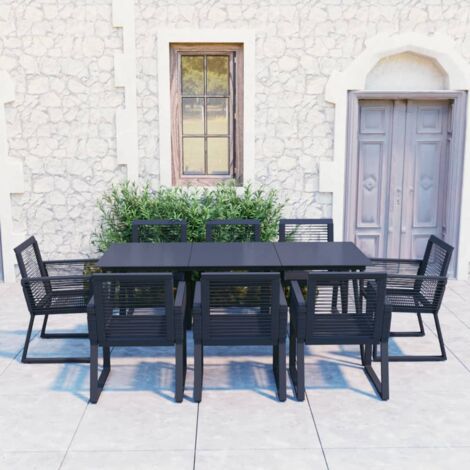 Vidaxl – Ensemble table et chaise de jardin 9 pcs – Rotin PVC noir – Table 190x90 cm avec verre – 8 fauteuils confortables en acier