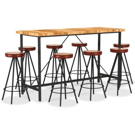 vidaXL Ensemble de bar 9 pcs Bois d'acacia solide et cuir véritable