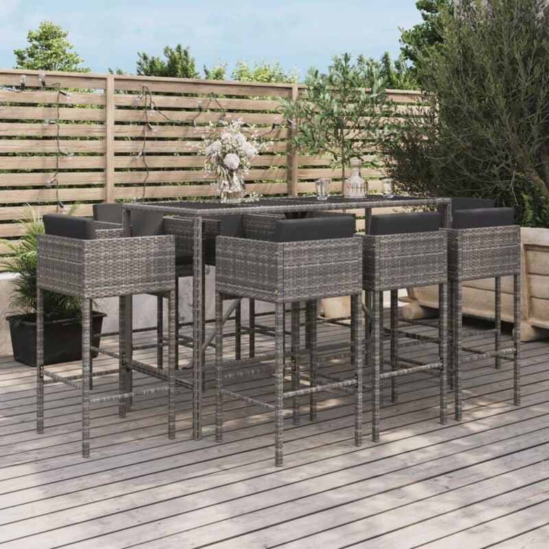 Ensemble de bar de jardin 9 pcs avec coussins gris poly rotin Vidaxl