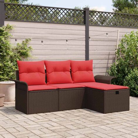 vidaXL Ensemble de canapé de jardin 4 pcs Marron et rouge polyrotin
