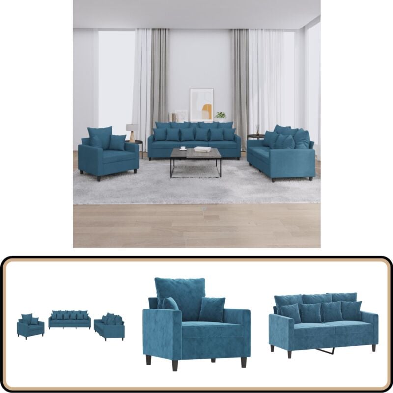 vidaXL Ensemble de canapés 3 pcs avec coussins Bleu Velours