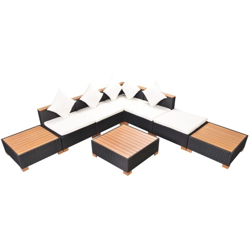 Salon de jardin 8 pcs avec coussins résine tressée noir Vidaxl